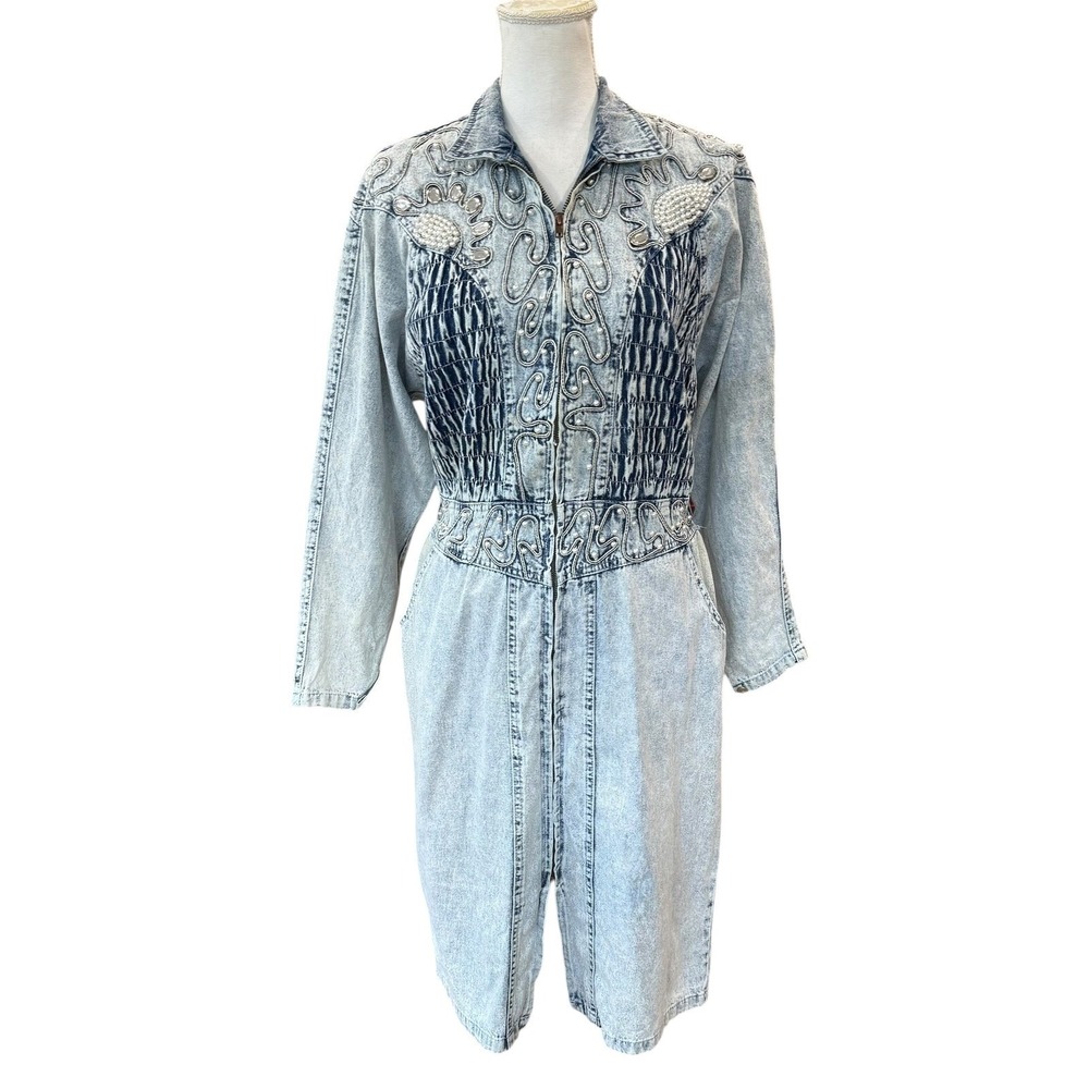 Andiamo Italia Vintage Acid Wash Denim Jumpsuit Pearl Rhinestone Western Large